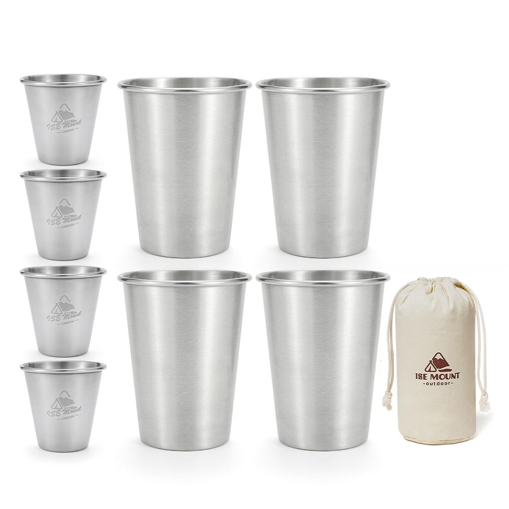 8Pcs Metal Drinking Mugs 350ml+80ml Portable Water Cups 304 Stainless Steel Camping Beer Cups for Outdoor Barbecue