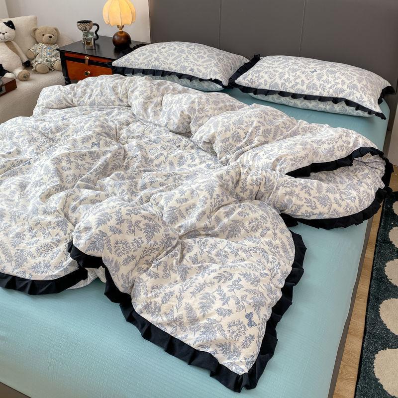 INS French Style Floral Simple Black Lace Double Layer Gauze Bedding Set Washed Cotton Bed Sheet Fitted Sheet Fresh Quilt Cover