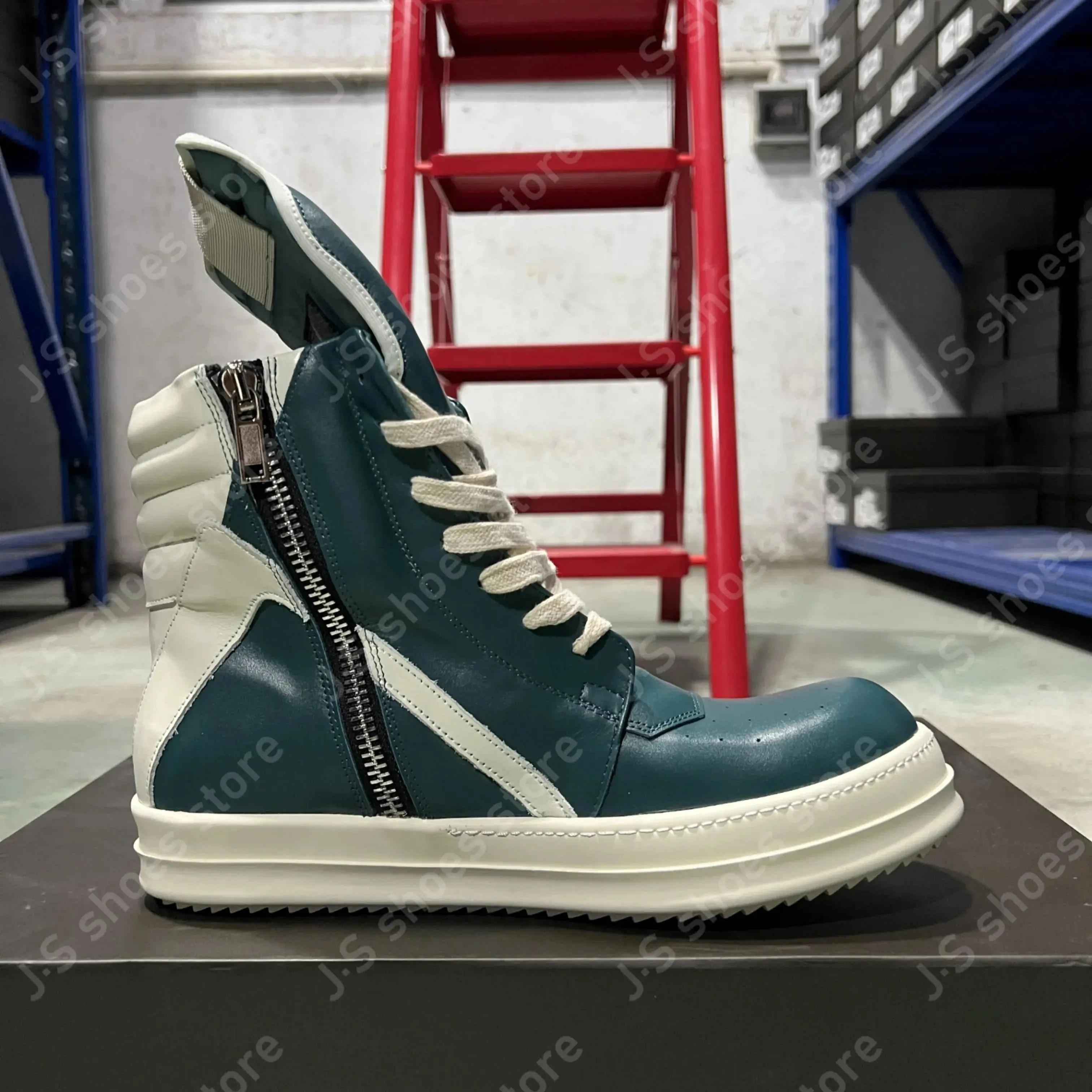 

Ro Classic Boots Cyan Leather High Top Shoe Men Sneaker Zipper Women Casual Shoes Lace Up Geobasket Ankle Boot Cowhide Sneakers 48 циан