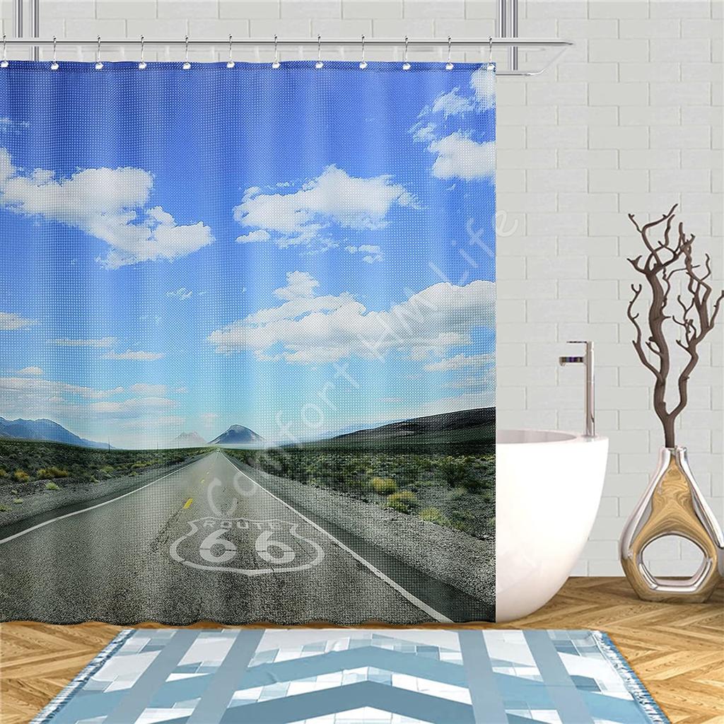 Polyester Fabric Waterproof Shower Curtain Set with 12 Plastic Hooks Home Decorative Bath Curtains US Route 66 Sign 72x78 Inches