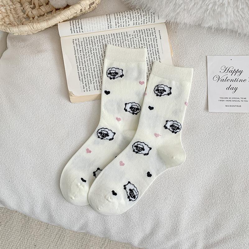 Female Spring and Autumn Lovely Assorted Cartoon Floss Lamb Striped Boneless Tube Pile Socks