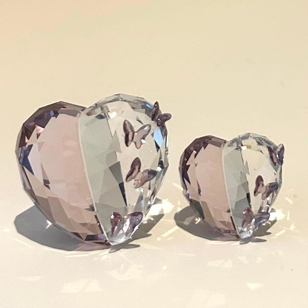 Used Swarovski Crystal Heart Butterfly Large and Small Figurine Set of 2