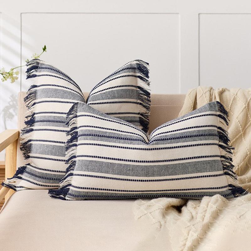 Spring Throw Pillow Covers Striped Pillow Covers with Tassel Boho Farmhouse Cushion Cover for Home Sofa Bed Living Room Decor