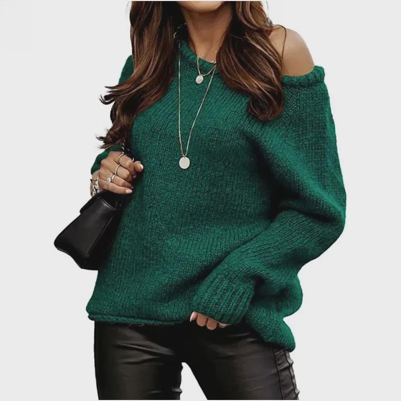 Off-Shoulder Sexy Round Neck Knit Pullover: Solid Color Casual Loose Plus Size Women's Sweater - Autumn/Winter Collection