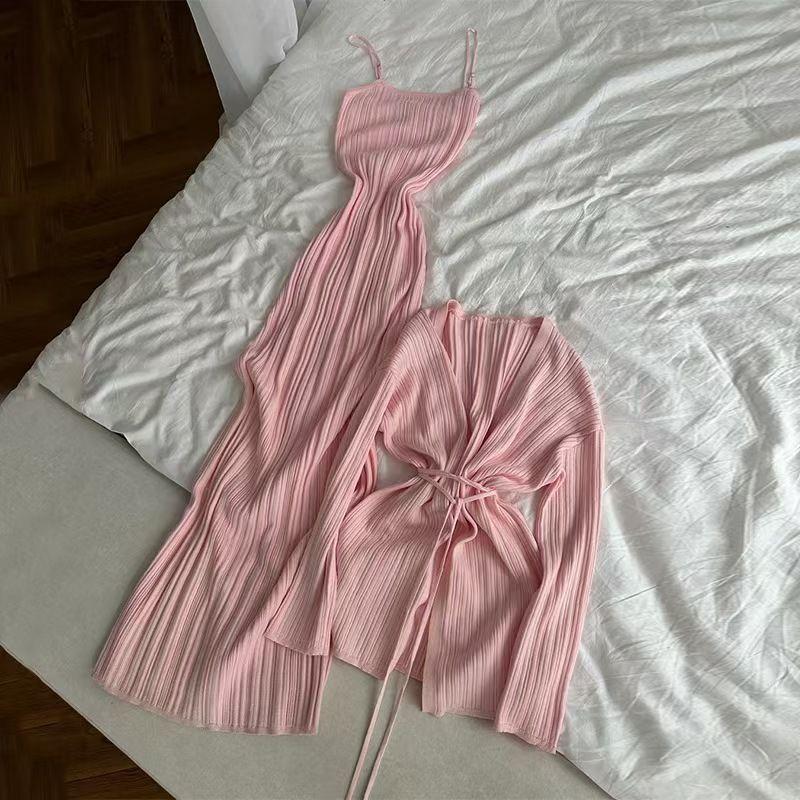 

Fashion Wind New Arrival Pure Color Casual Lace up Cardigan Outwear Sling Dress Two-piece Set Sexy Dress Set Pink XL