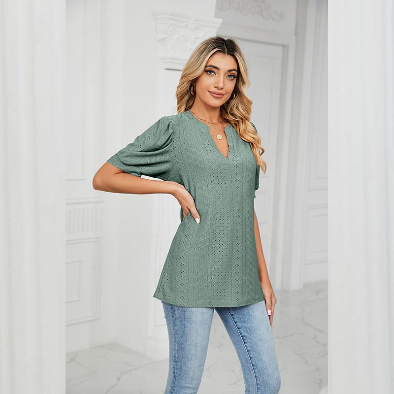 Summer Women's T-shirt Casual V-neck Solid Color Hollowed Out Bubble Sleeve Loose T-shirt Tops Female