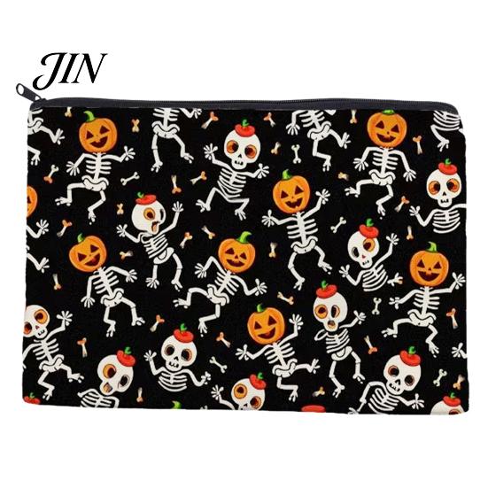 Small Toiletries Organizer Halloween Storage Bag, Large Capacity Cosmetic with Pumpkin Travel Pouch Castle Skull Print, Smooth Zipper Thickened Canvas