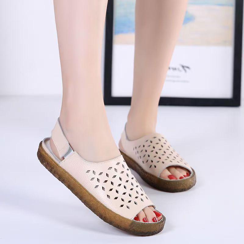 Women's Real Leather Flat Sole Peep Toe Sandals Summer New Soft Sole Hollow Out Breathable Velcro Outdoor Beach Sandals