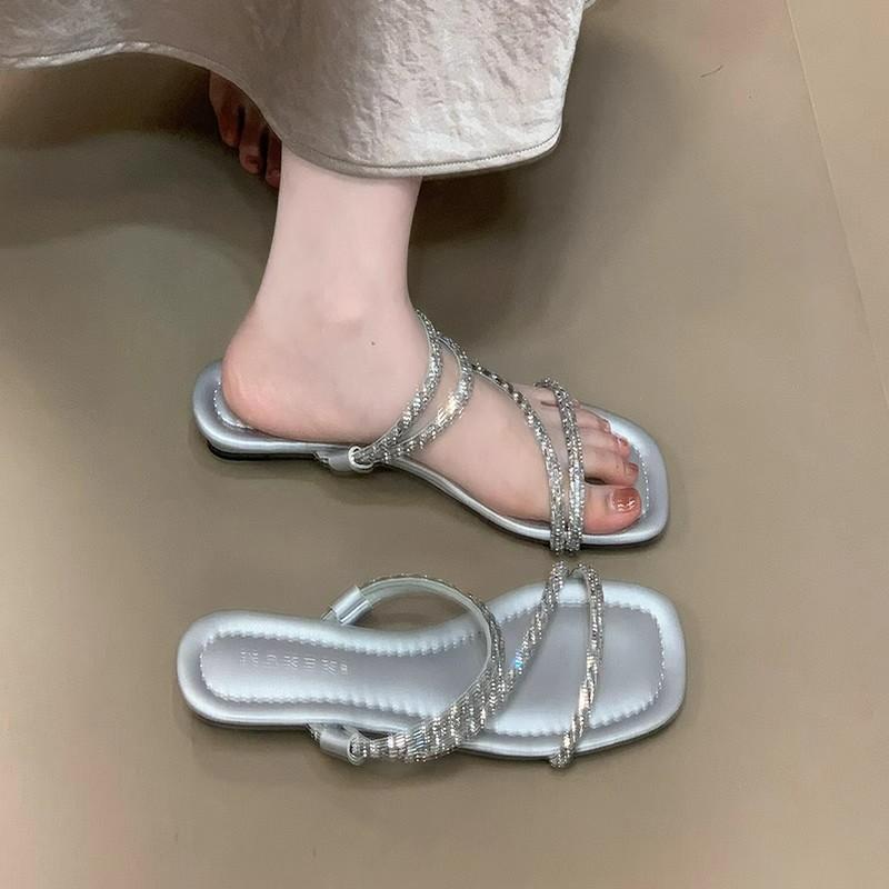 Strass Pantoletten mit offener Zehenpartie Damen 2025 neu Sommer eckige Zehenpartie schlicht vielseitig Feenschuhe eckige Zehenpartie Pantoletten