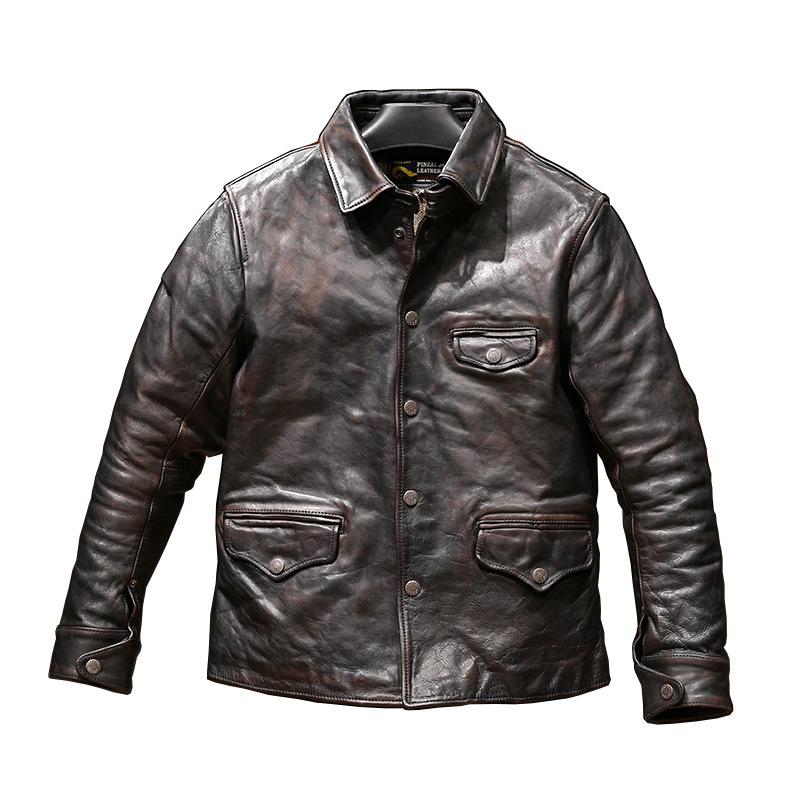 Spring and Autumn Japanese Vintage Division Brakeman Tea Core Horse Leather Jacket Men's Lapel Casual Tea Core Black Leather Jacket