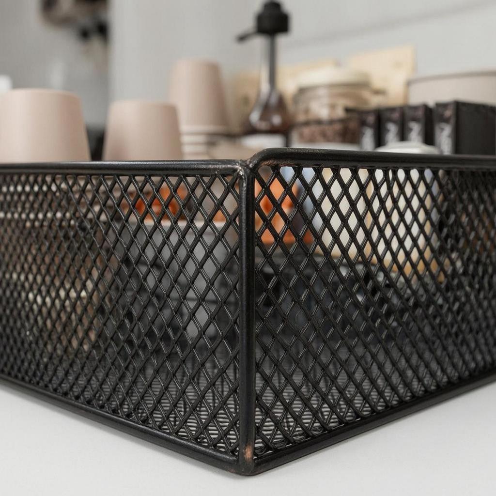 Three-Tier Mesh Rack Wood-Tone Coffee Condiment Organizer Compact
