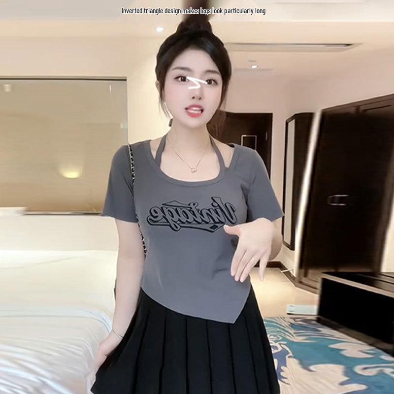 

Plus Size Halter Neck Short Sleeve Slim Fit T-Shirt for Women – Trendy Summer Design S [up to 80 kg] белый