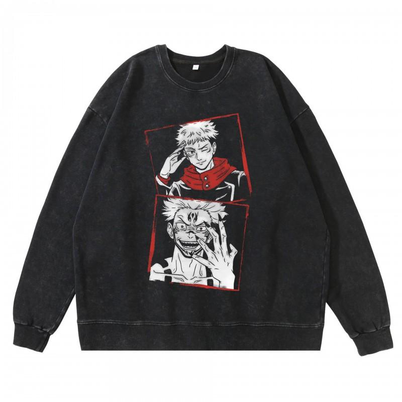 Vintage Washed Dark Anime Print Streetwear Hoodie Men - Retro Urban Sweatshirt With Cotton Lining