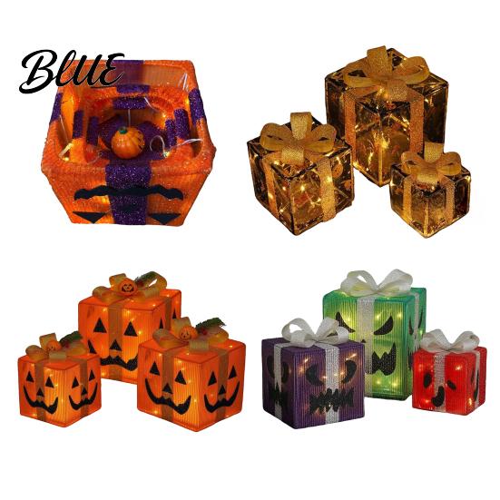 Handmade Pumpkin Face Props 3Pcs Lighted Halloween Gift Boxes Spooky Glowing Outdoor Doorway Landscaping Presents Box Warm Light Holiday Ornament