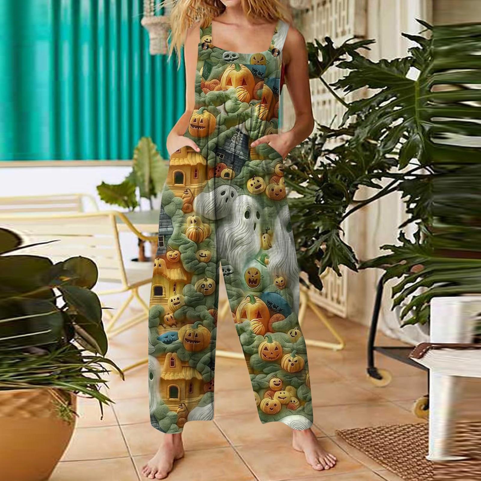

Женский комбинезон с принтом на Хэллоуин, повседневный, свободный, в стиле ретро, из хлопка и льна, комбинезон с карманами M зелёный