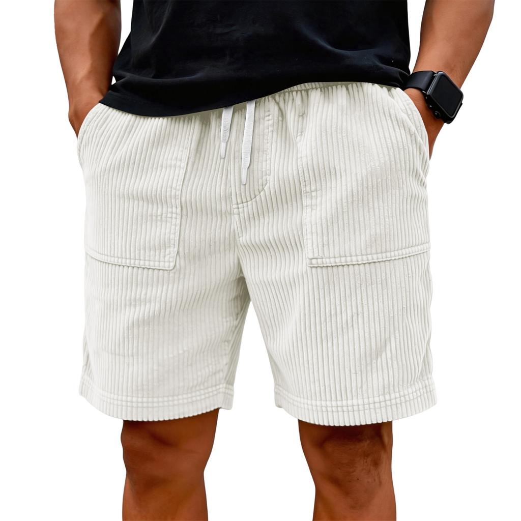 Men Corduroy Shorts with Drawstring Waist Relaxed Fit Casual Shorts with Side Pockets and Elastic Waistband
