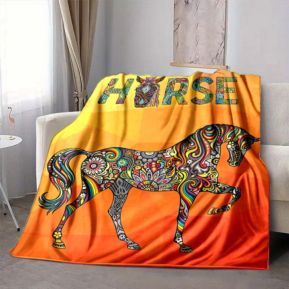 1Pc Colorful Horse Artwork Blanket Soft And Comfortable Casual Warm Camping Travel Christmas Halloween Xmas Gift M924445