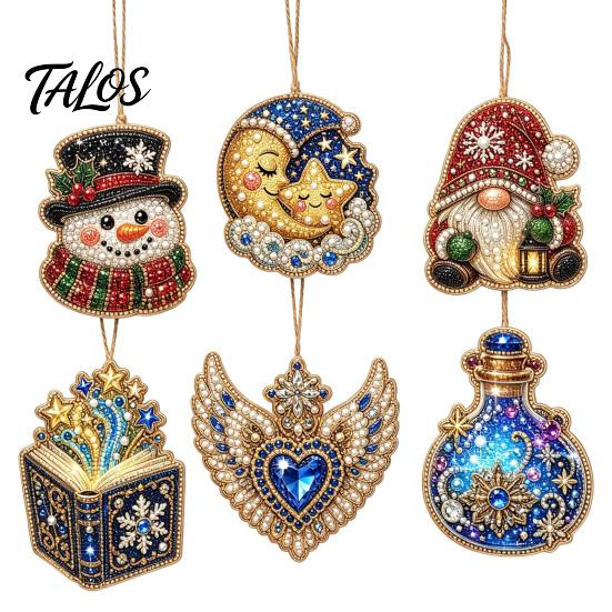 Festive Resin Rhinestone Ornaments 6 Pcs Christmas DIY Faux Pearl Painting Kit Ornaments, Art Seasonal Hanging Decor Tree Decoration with Jute