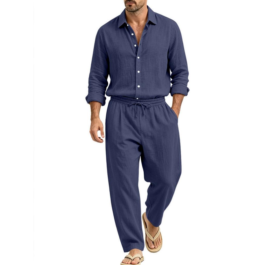 Men's Long Sleeve Shirt and Straight Leg Pants Set Vacation Casual Two-Piece Outfit