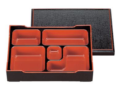 Wakaizumi Long Bento Elegant Shokado Schwarzes Stoffmuster mit Zinnoberroter Zierde Lackware, A9-Zoll-Box, Stil, (mit Trennlinie) 1-372-4