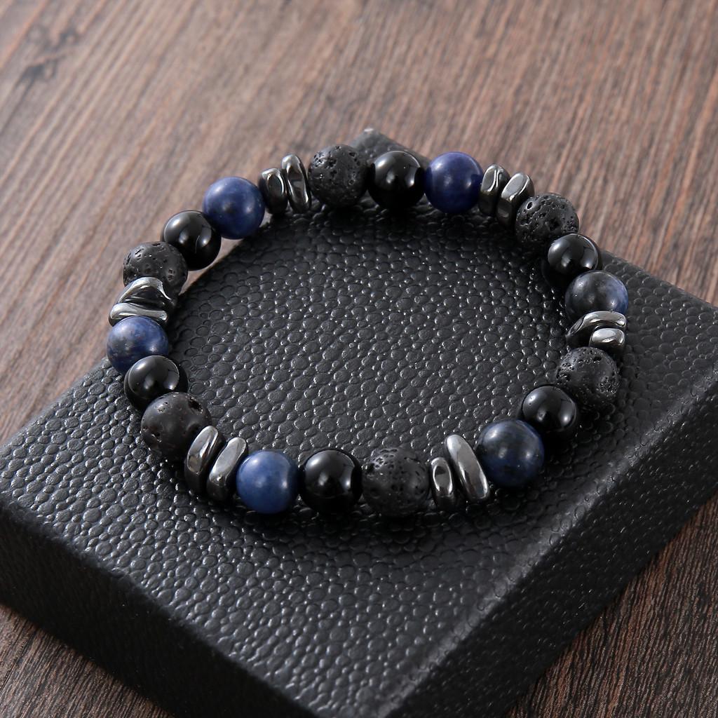 Braccialetto con Perle di Pietra Lavica Naturale e Occhio di Tigre Blu con Distanziatori in Acciaio Inossidabile per Uomo e Donna