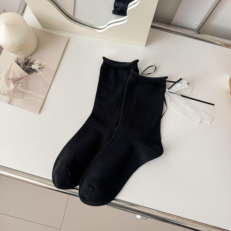 Lace Bow Mid-Calf Lolita Socks for Women - Sweet Rolled Cuff, Spring/Summer 2026 Collection One Size