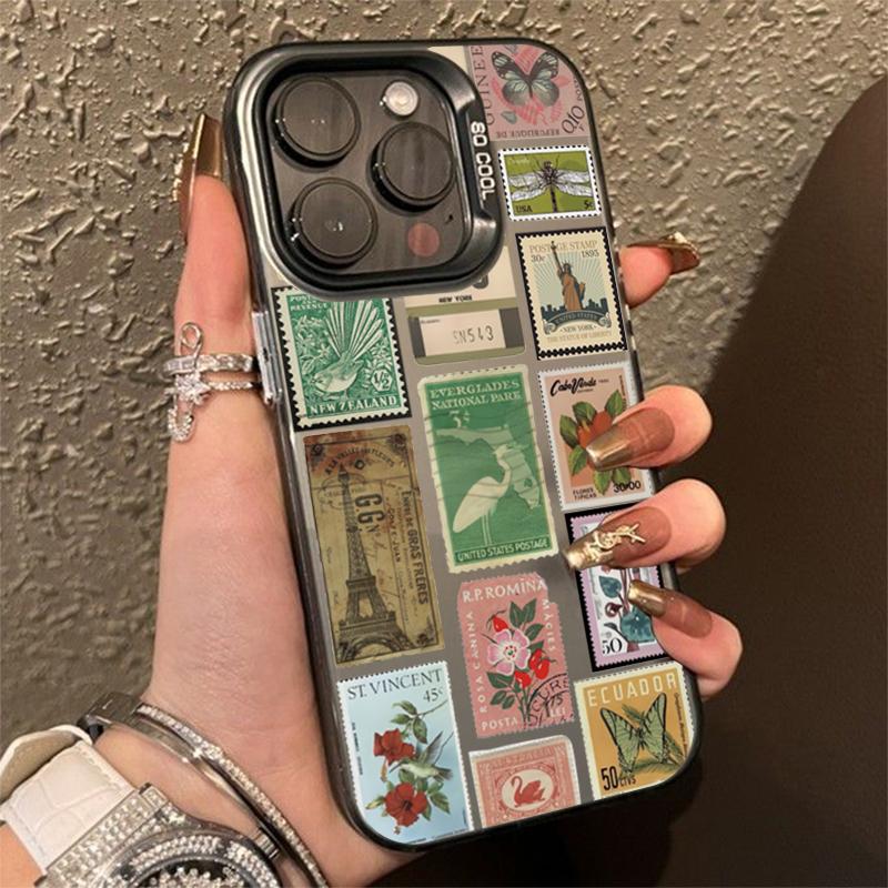 Stylový patchwork s razítky pro iPhone 16 15 14 13 12 11 Pro Max Ochranný kryt na telefon proti pádu Funda Bumber