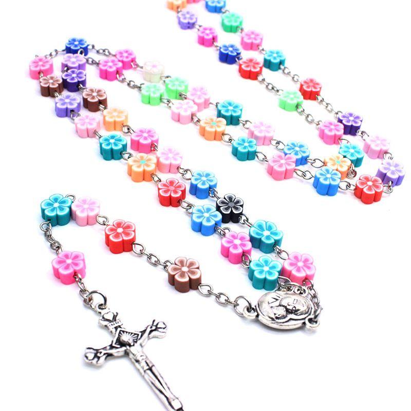 Koupit Flower Aryclic Beads Women Polymer Clay Cross Rosary Necklace