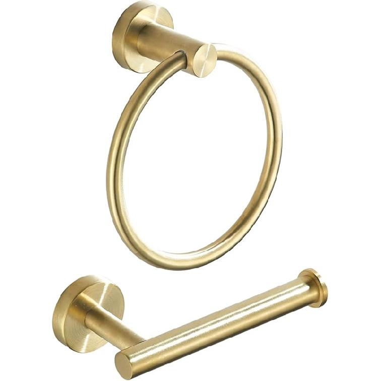 Toilet Paper Holder Towel Ring Brushed Gold Bathroom Hardware Hand Towel Holder Bathroom Accessories Set Wall Mount Stainless Steel 2 Pieces