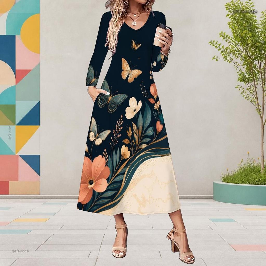 Women Plus Size Long Sleeve V Neck Butterfly Printed A Line Midi Dress With Pockets