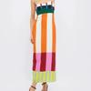 Vestido Midi Bodycon de Tirantes Finos para Mujer Cintura Alta Bloque de Color Raya Vertical Dobladillo con Abertura Vestido de Fiesta de Verano