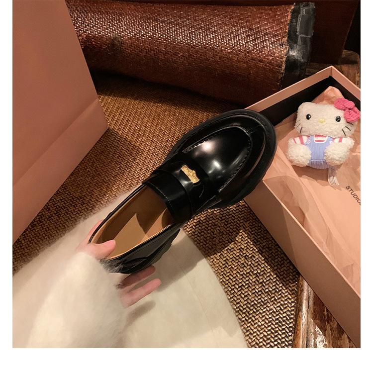 Sheepskin version~ extravagant small gold coins round head small leather shoes thick heel thick sole single shoes one pedal genuine leather loafer