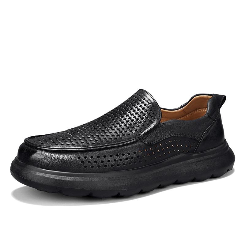 Summer Punched, Breathable and Non-smelly Feet Casual Leather Shoes Plain Black Leather Sandals