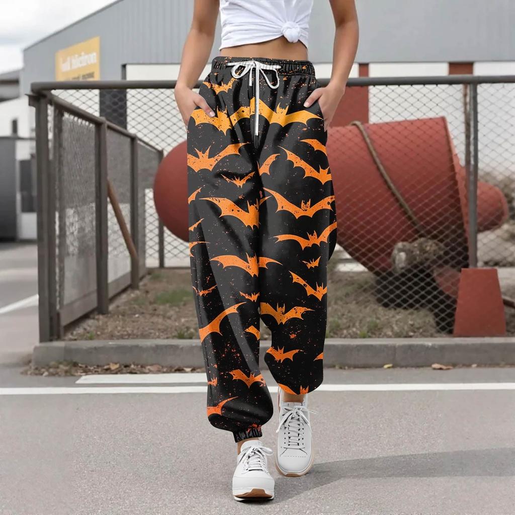 Damen Casual Fashion Halloween Printed Freizeithose Jogginghose Hose Kordelzug Elastische Taille Kordelzug Kordelzughose
