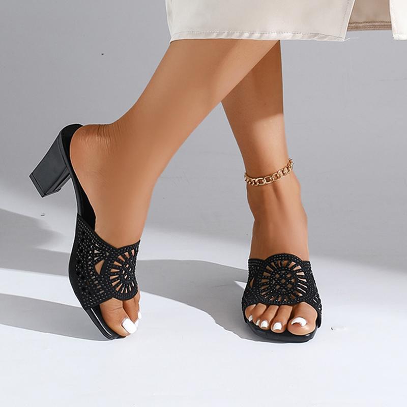 Fashion Elegant Hollow Out Breathable Slippers Women 2025 Summer Square Toe Super High Heel Black Slides Luxury Glitter Party Sandals