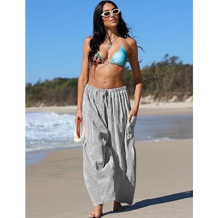 Women Plaid Wide Leg Pants High Waist Drawstring Elastic Waist Casual Loose Fit Cropped Trousers