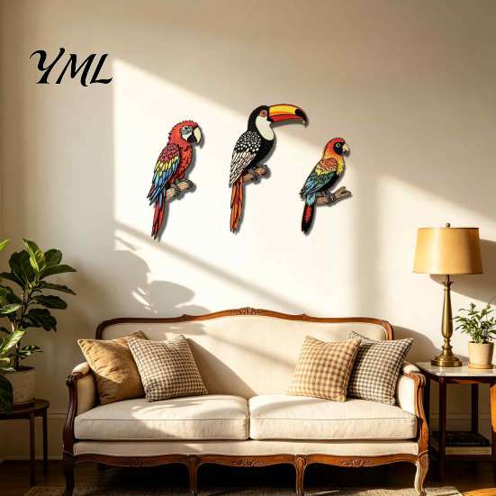 Modern Home Wall Ornament 3Pcs Tropical Bird Wooden Decor, Toucan Parrot 2D Flat Wood Colorful Forest Decor Art, Animal for Living Room Bedroom