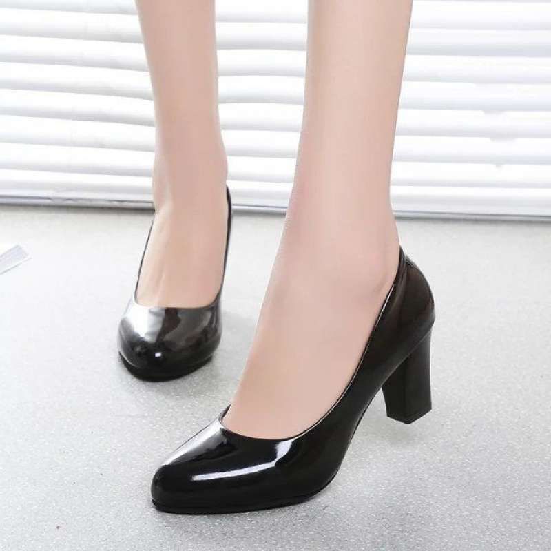 Single Shoes Women's Versatile Work High Heels Spring and Autumn Thick Heel Middle Heel Bow Patent Leather Nude Women's Rhinestone Single Leather Shoe