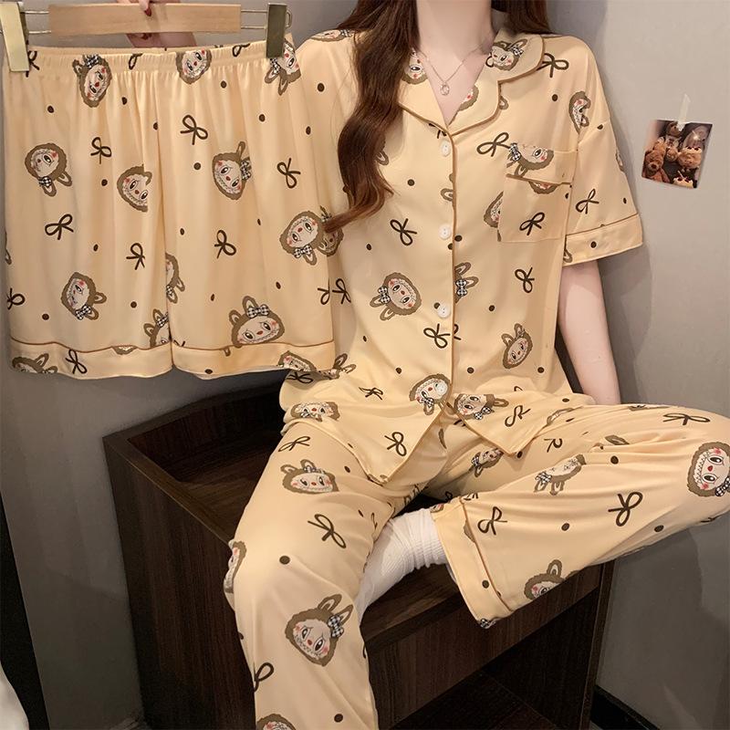 Pajamas Women'S Spring And Summer Short-Sleeved Trousers Three-Piece Set Cute Girl Loungewear