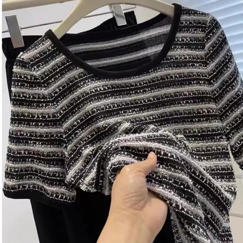 Summer Half-sleeved Striped Short-sleeved T-shirt for Women, New Chic and Unique Small Fragrance Silk Top