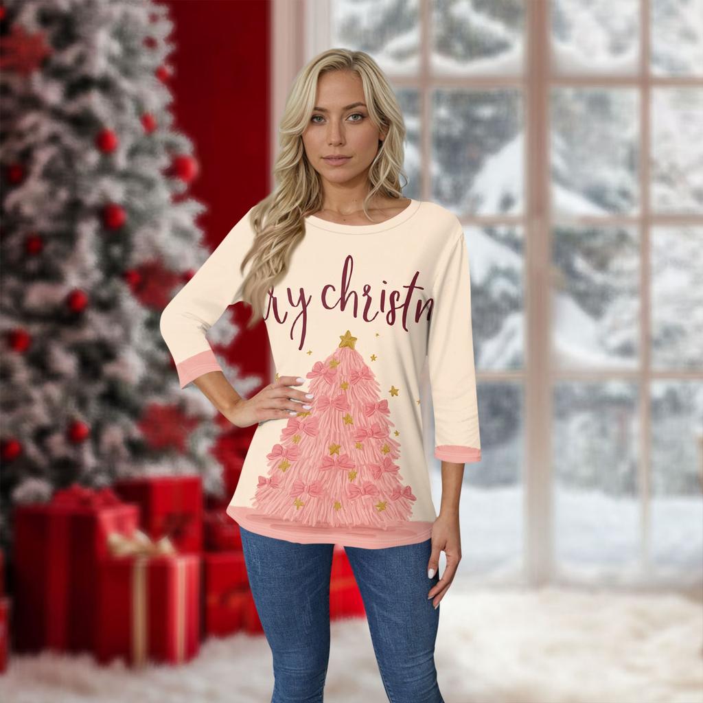 Women's O-Neck 3/4 Sleeve Christmas Print Top
