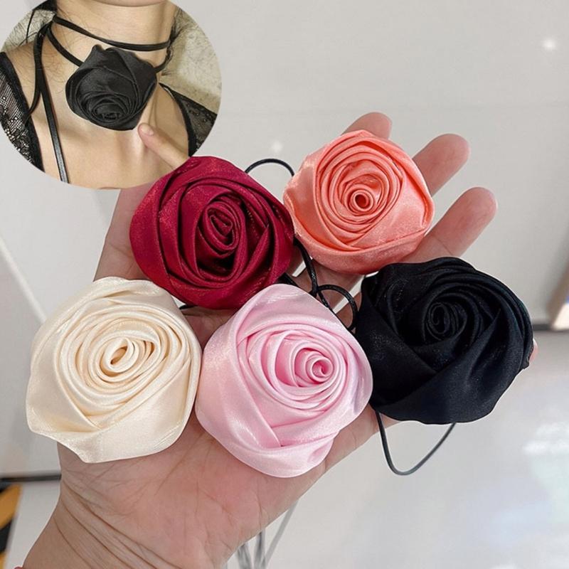 Fashion Silk Rose Flower Choker Necklace Long Lace-up Choker Temperament Neckband Jewelry Clavicle Chain Necklace