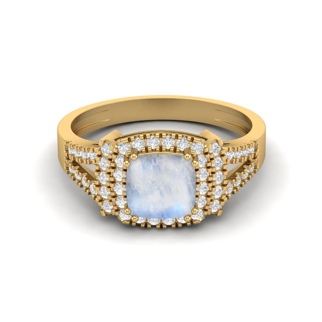 6MM Cushion Natural Moonstone 925 Sterling Silver Gold Vermeil Solitaire with Accent Women Ring
