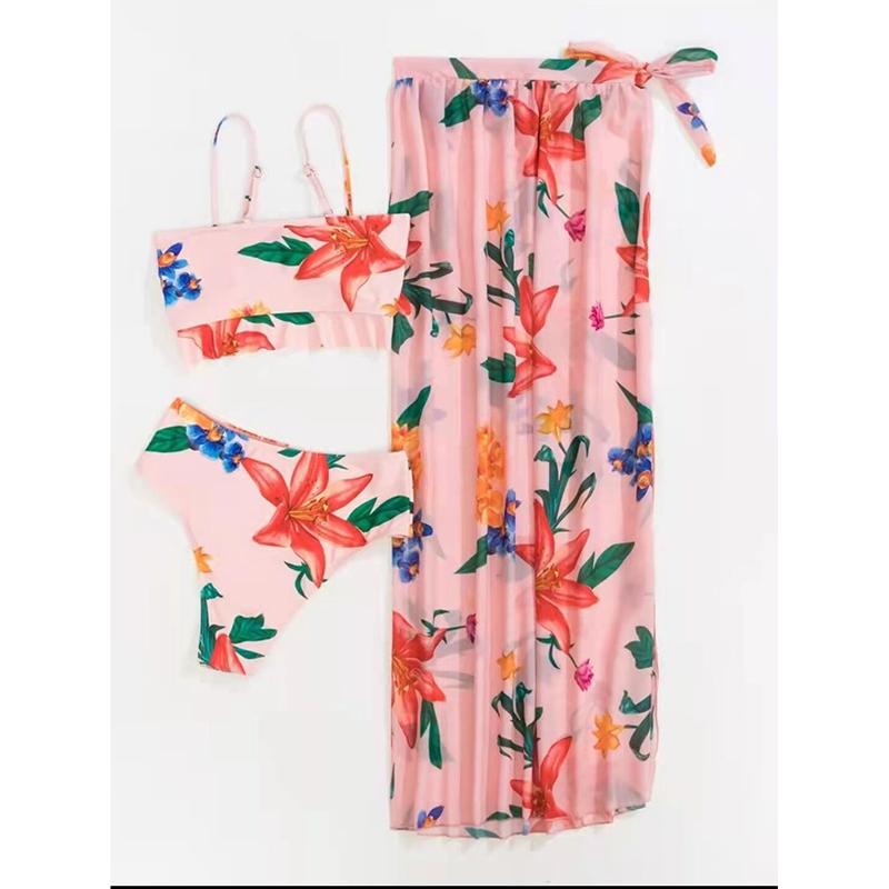 Three-Piece Bikini Set Women Swimsuit Floral Print Beach Wrap Skirt Female Swimwear Bathing Summer Fashion Beachwear