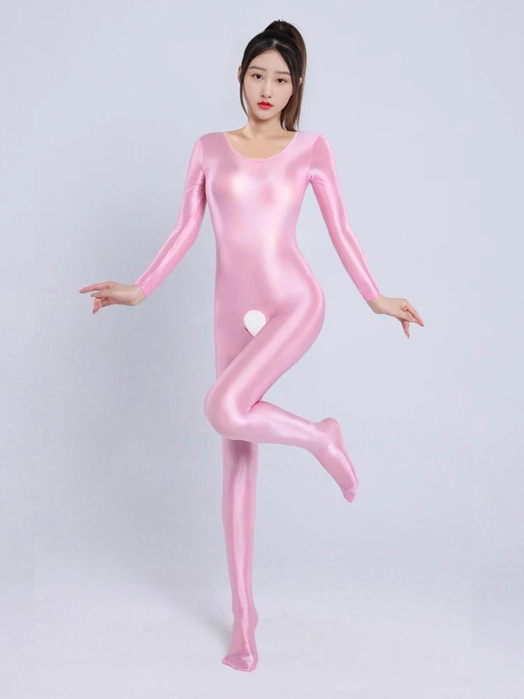 Erotic Crotchless Lingerie Women Full Body Jumpsuit Oil Shiny Elastic Bodysuit Long Sleeve Bodycon Yoga Sport Gym Fitness Romper
