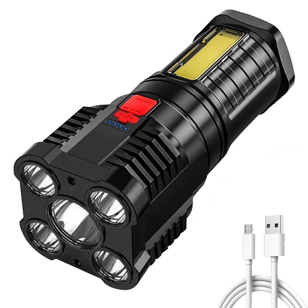 Super Bright Outdoor Multi-function 5 LEDs Flashlight USB Rechargeable Waterproof Long-range Spotlight Battery Indicator COB Flood Light 4 Modes
