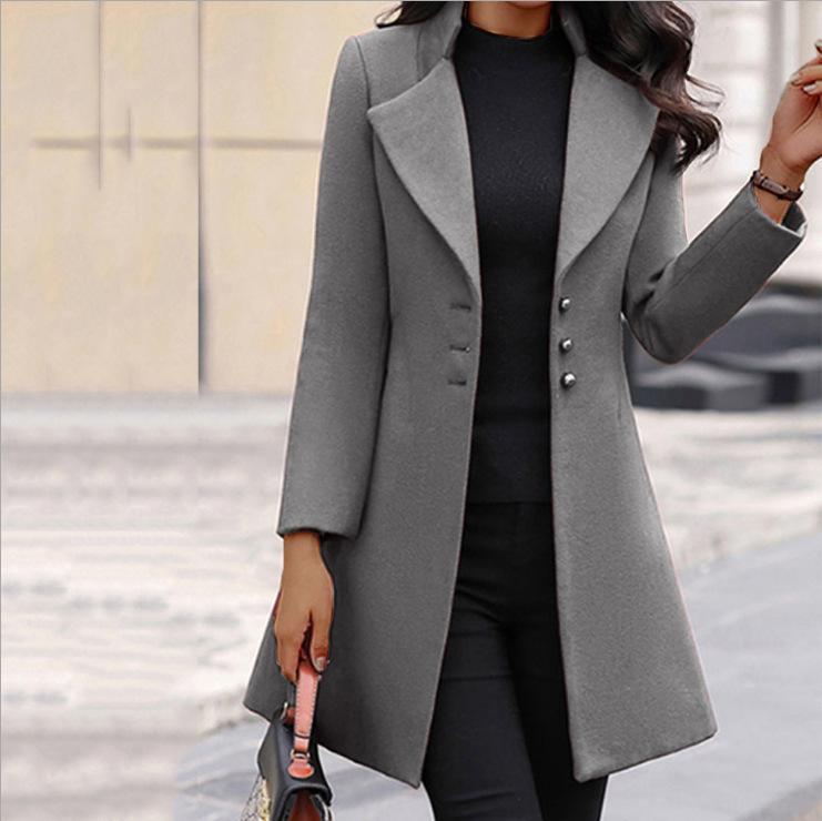 Women's Mid-Length Coat, Single-Breasted Notched Lapel, Casual Outerwear, Available In Grey, Mustard Yellow, and Black
