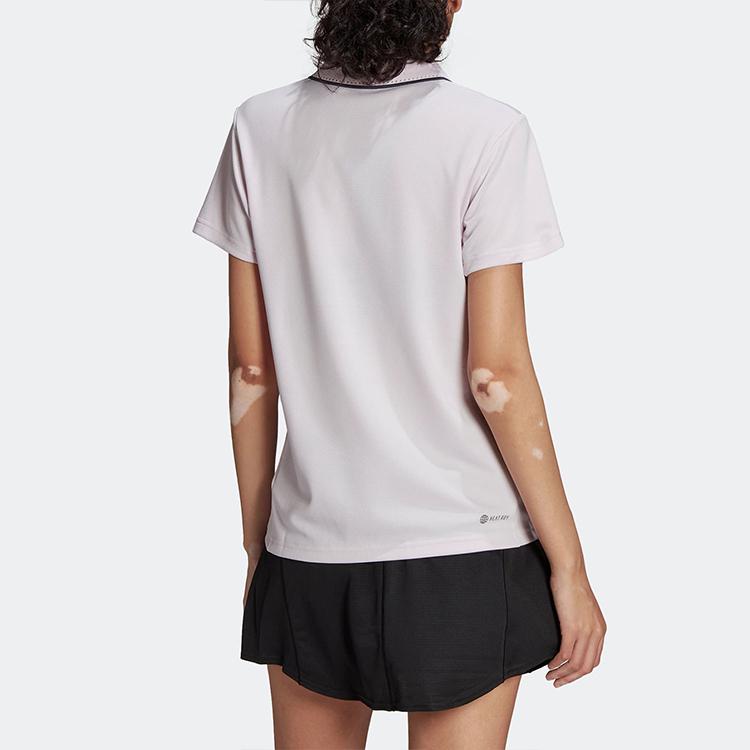 Adidas Alphabet Logo Print Striped Collar Short Sleeve Polo Shirt Women Tops Pink HC2719