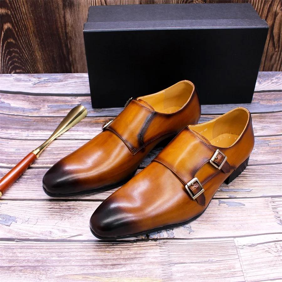 Fashion Classic Mens Monk Strap Formal Shoes Genuine Leather Business Double Buckle Luxury Gentleman Office Dress Shoes for Men
