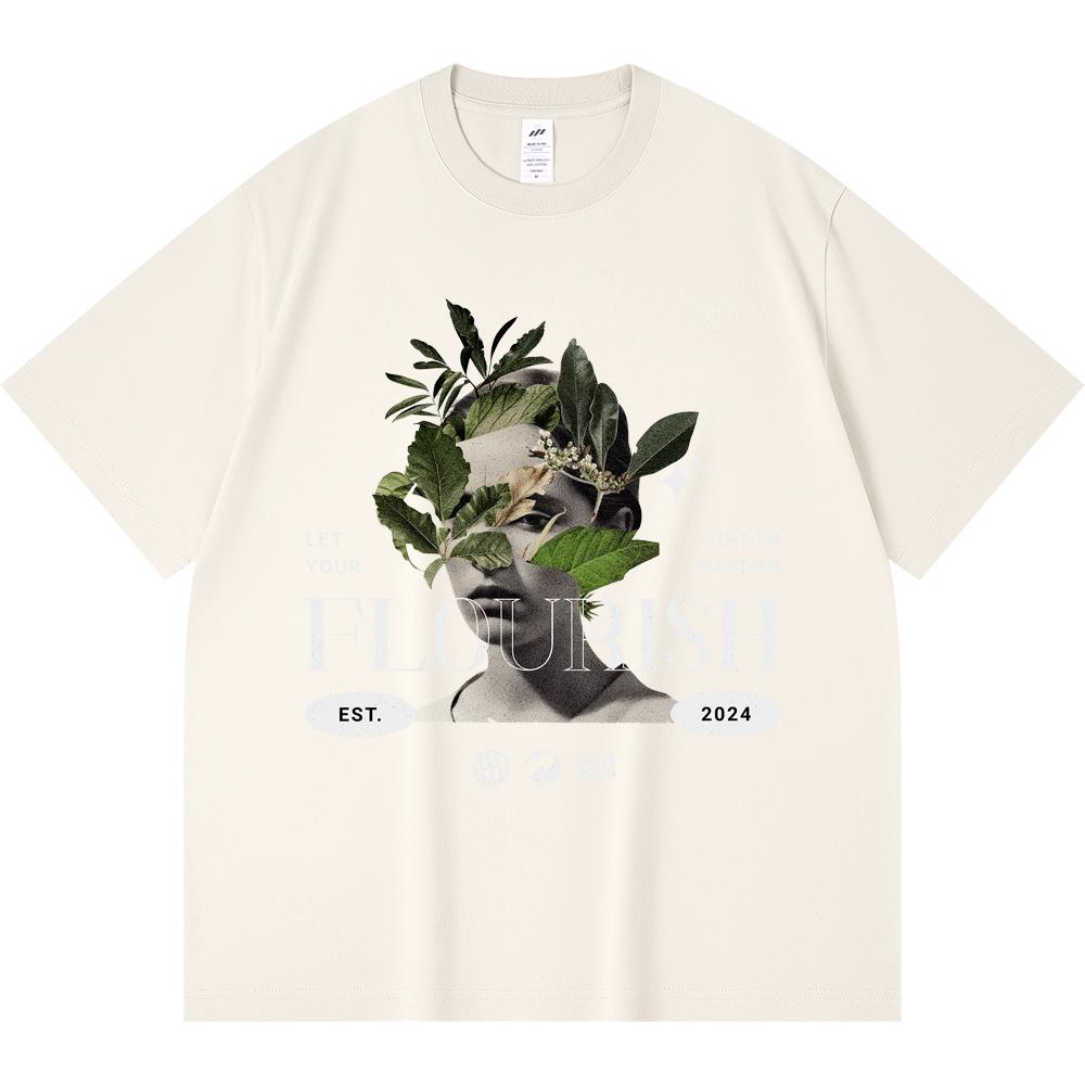 

230GSM 100% Cotton T-Shirt Flourish Print Tees Funny Harajuku Style Combed Cotton Tshirt XS абрикосовый